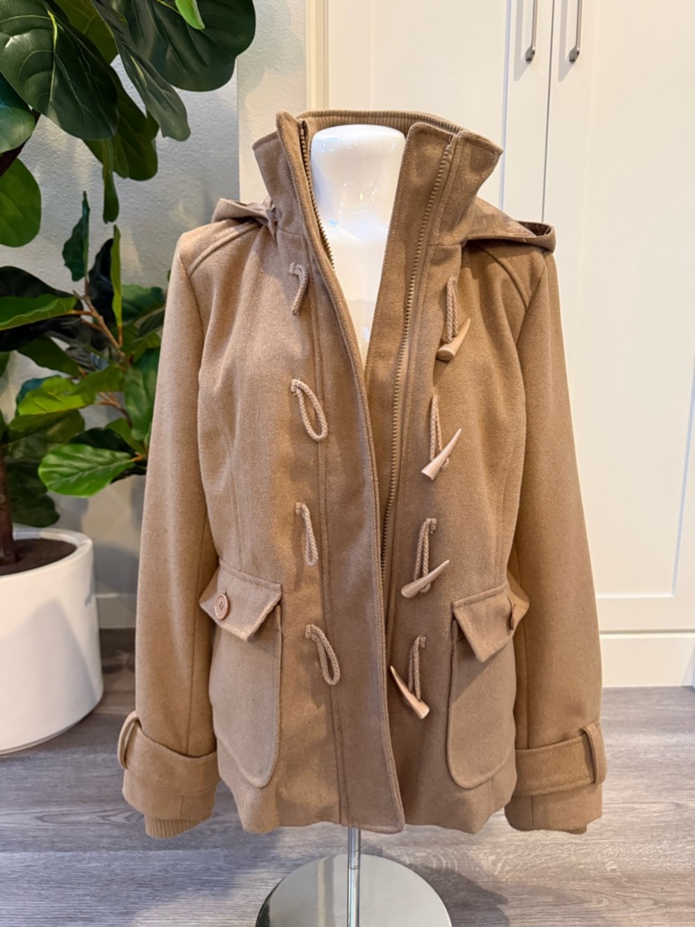 Womens Camel Toggle Hooded Coat - Casual Zip & Toggle Closure